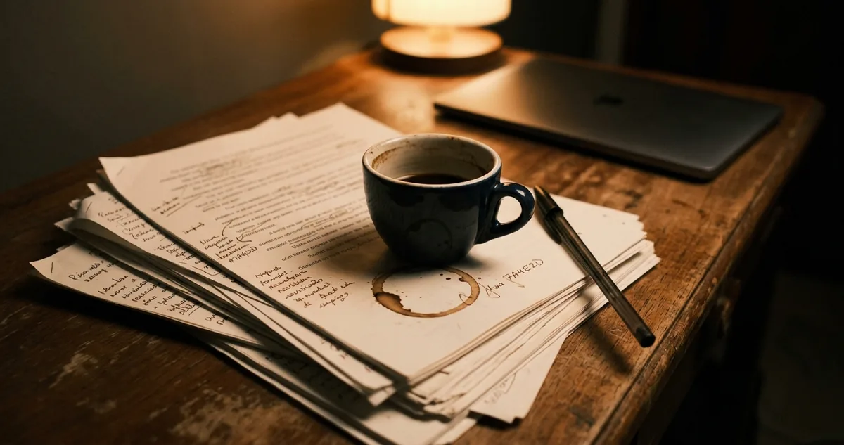Caderno escolar de capa mole aberto sobre uma mesa de madeira, com anotações manuscritas em letra apressada.