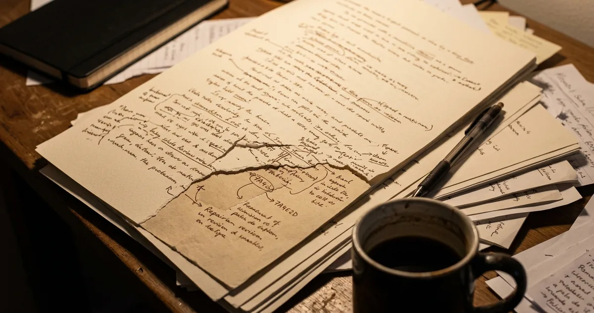 Cadernos gastos e folhas de papel catado empilhados sobre uma mesa de tábua, à luz de lampião.