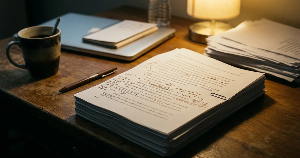 Tela de um leitor digital mostrando o fim de uma amostra grátis ao lado de um manuscrito impresso.