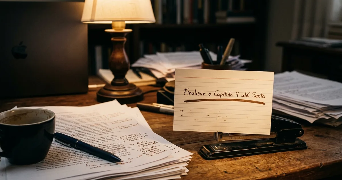Caderno de trabalho aberto na contracapa, com metas escritas à mão sobre a mesa de uma escritora.