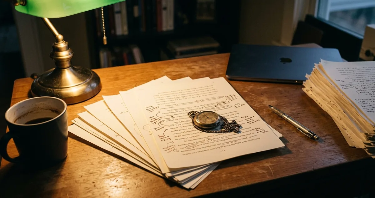 Relógio de bolso aberto sobre a mesa de escrita, ao lado de folhas manuscritas e uma xícara de café.