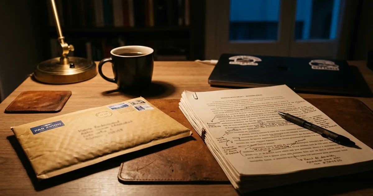 Maço de papel manuscrito amarrado com barbante sobre a bancada de uma agência de datilografia antiga.