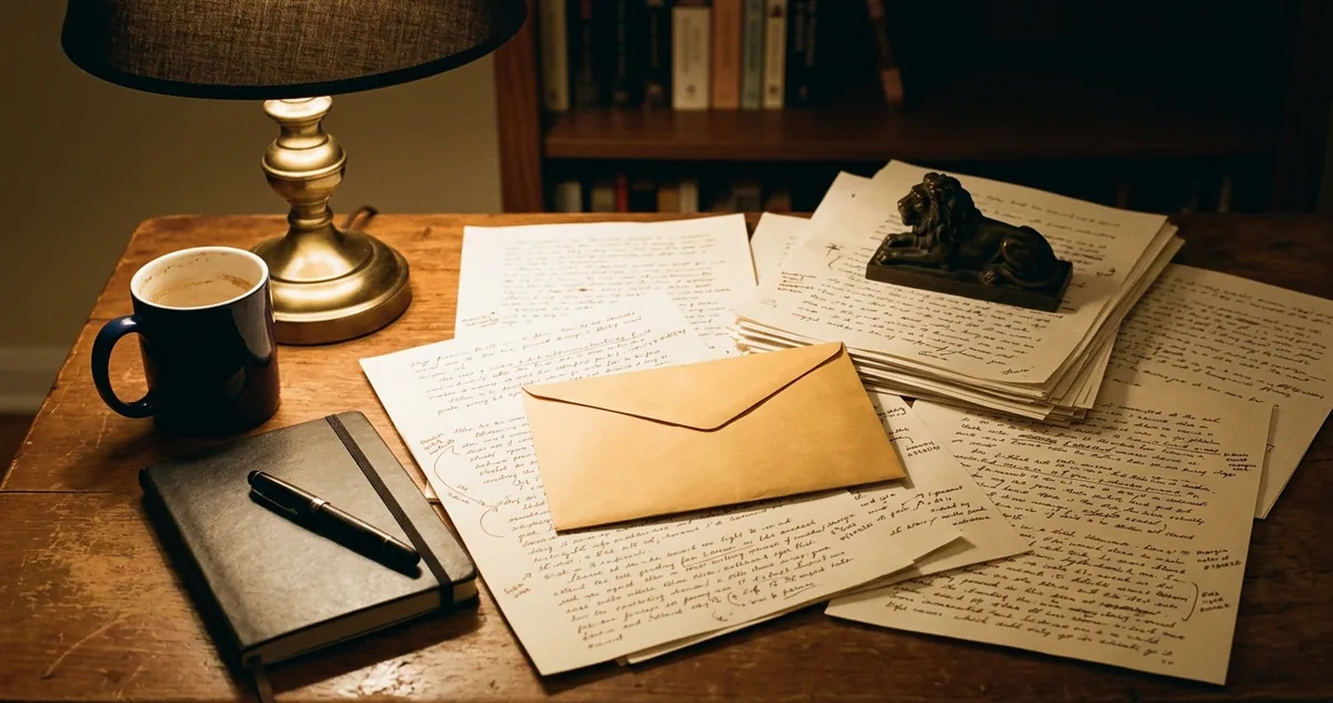Carta datilografada e um maço de páginas de romance sobre a mesa de uma pequena editora romana em 1991.