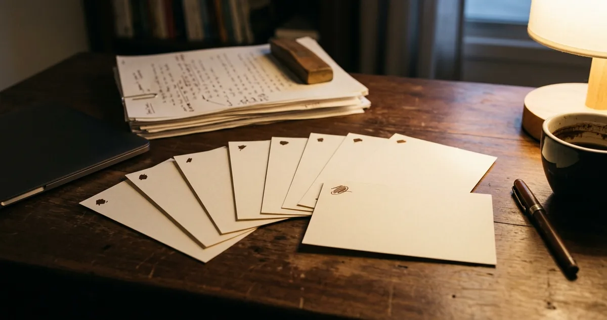 Folha de papel com oito linhas escritas à mão sobre uma mesa de madeira, caneta apoiada ao lado.