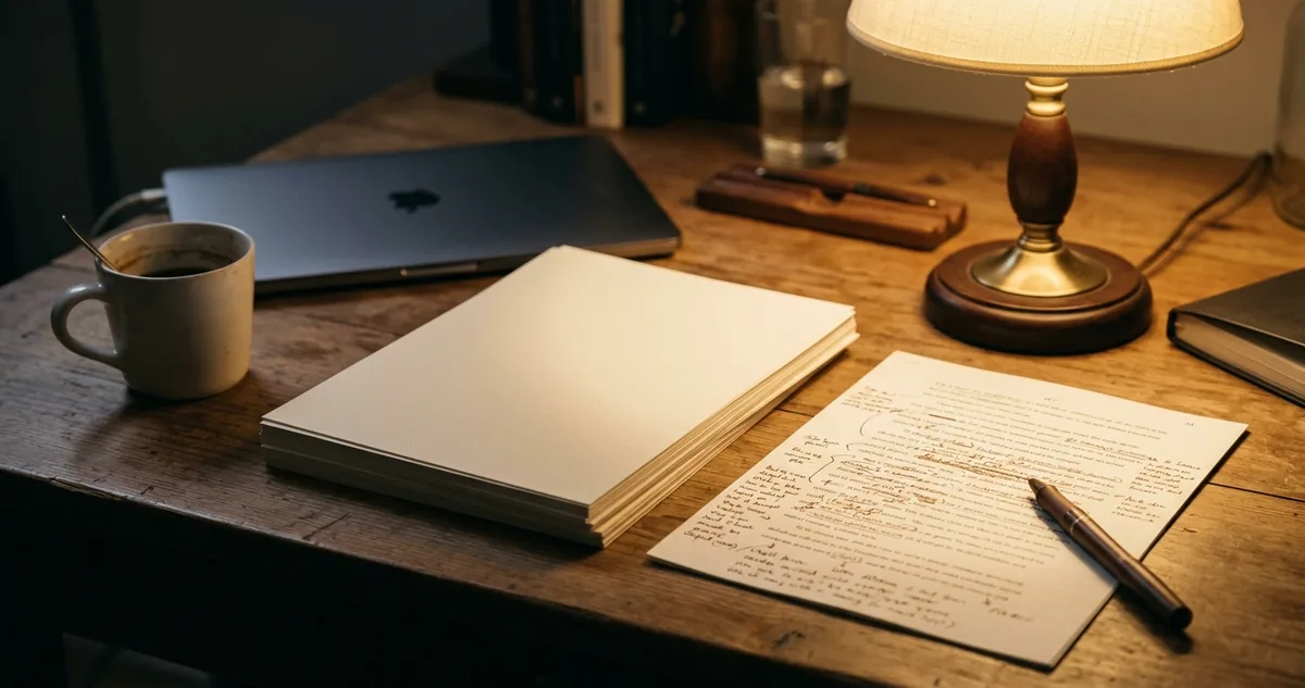 Caderno pautado aberto com uma única frase manuscrita na última linha da página, caneta tinteiro sobre a mesa.