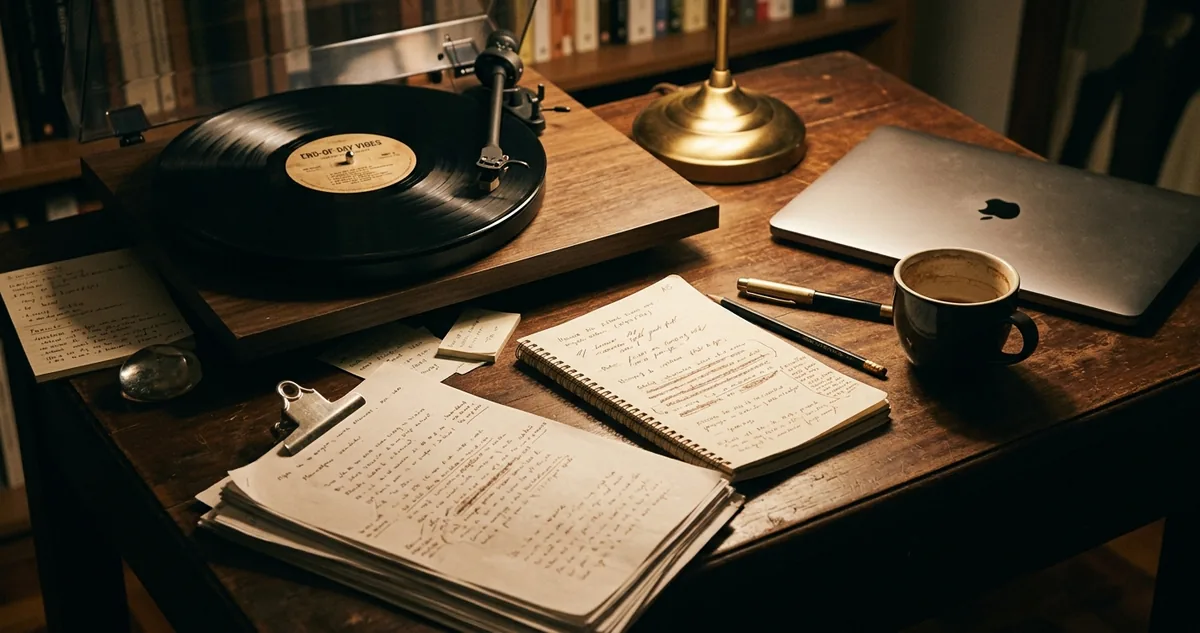 Máquina de escrever antiga numa mesa de redação, com um exemplar de O Grande Gatsby aberto e folhas datilografadas empilhadas.