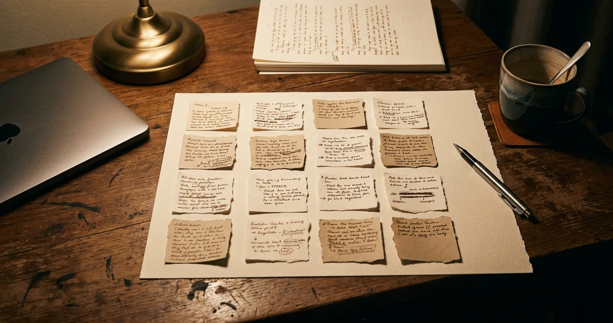 Talão de cheques, guardanapo e envelope com anotações a caneta espalhados numa mesa, perto de folhas datilografadas.