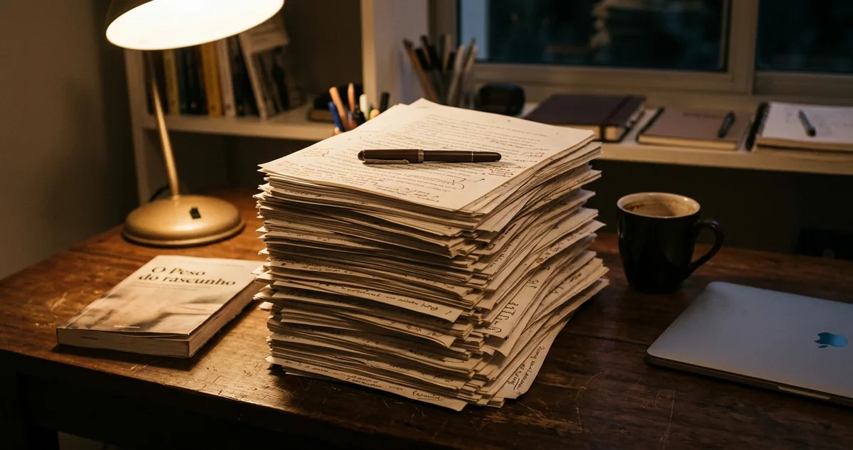 Baú de madeira aberto num quarto antigo, cheio de envelopes e folhas manuscritas.