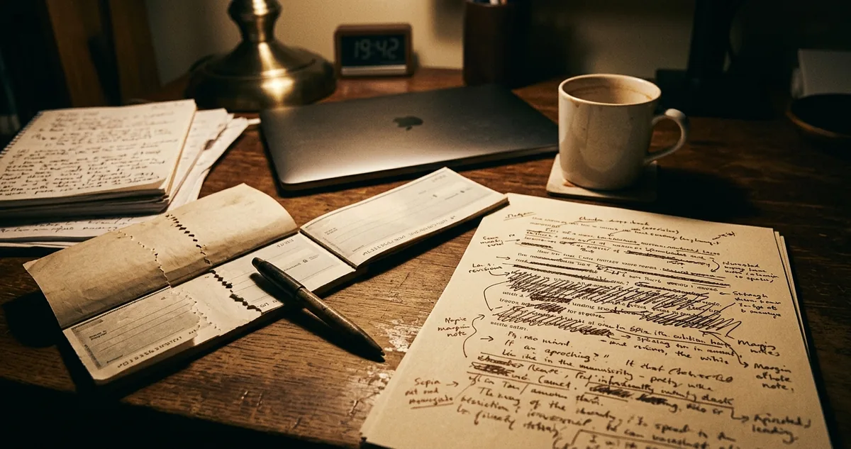 Contrato de edição sobre uma mesa, com um cheque preso por um clipe na primeira página.