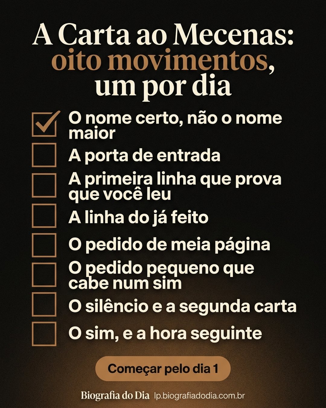 A Carta ao Mecenas: oito movimentos, um por dia: O nome certo, não o nome maior, A porta de entrada, A primeira linha que prova que você leu, A linha do já feito, O pedido de meia página, O pedido pequeno que cabe num sim, O silêncio e a segunda carta, O sim, e a hora seguinte. Começar pelo dia 1.