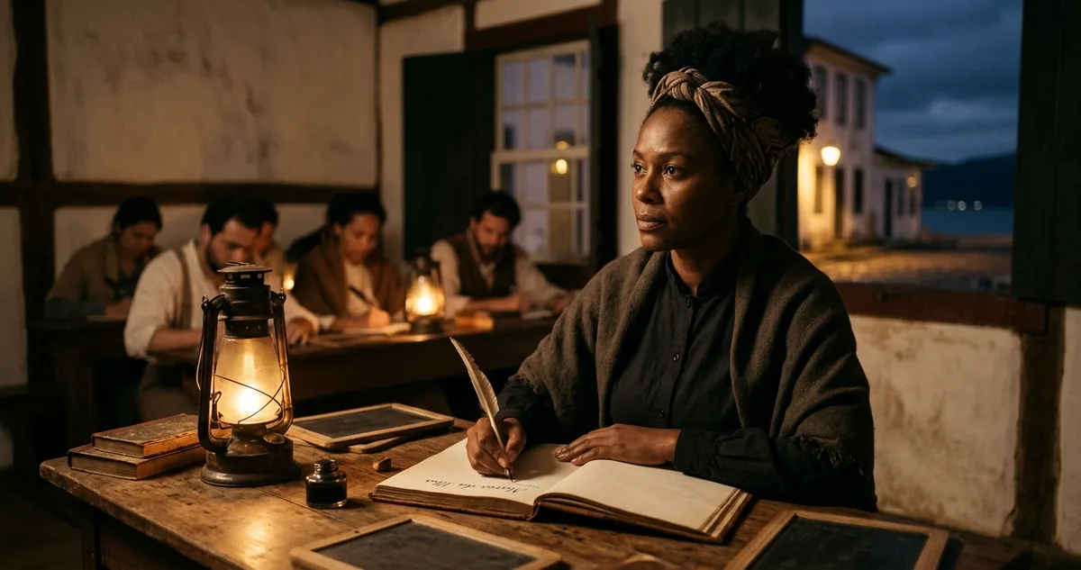 Uma professora negra diante da lousa de uma escola noturna em Florianópolis nos anos 1930, com cadernos abertos nas carteiras.