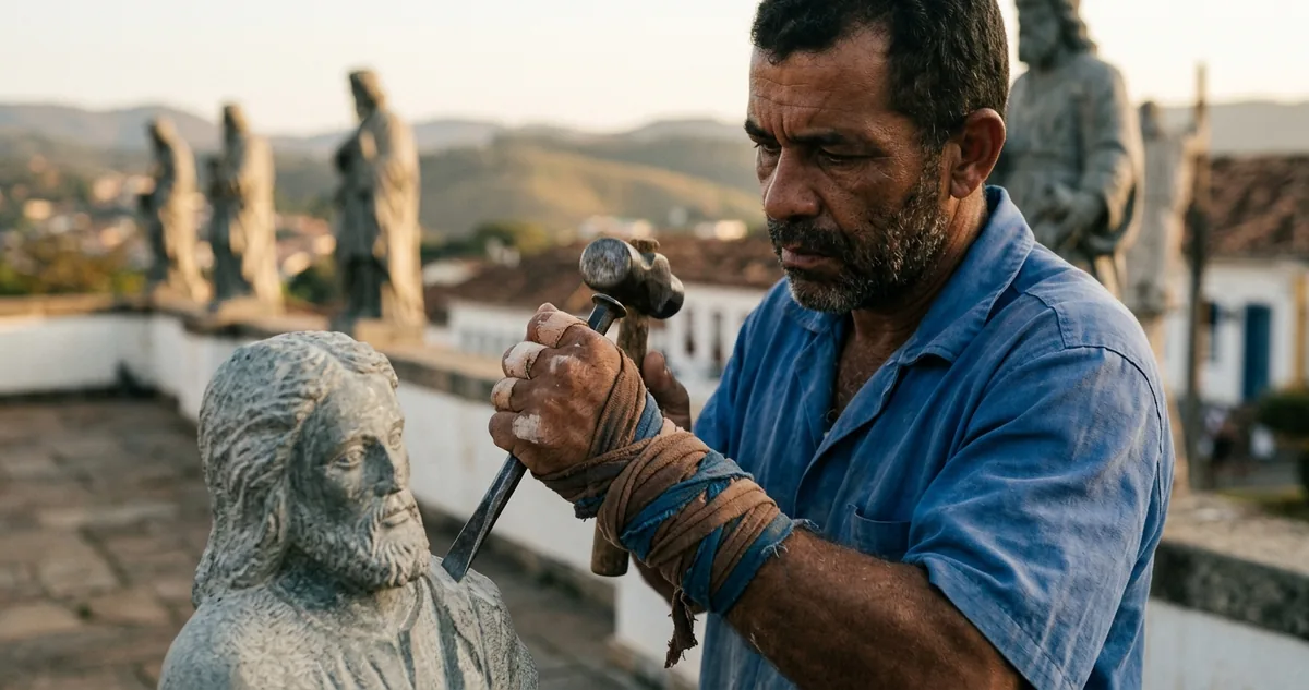 Os doze profetas em pedra sabão no adro do santuário de Congonhas do Campo, talhados entre 1800 e 1805.