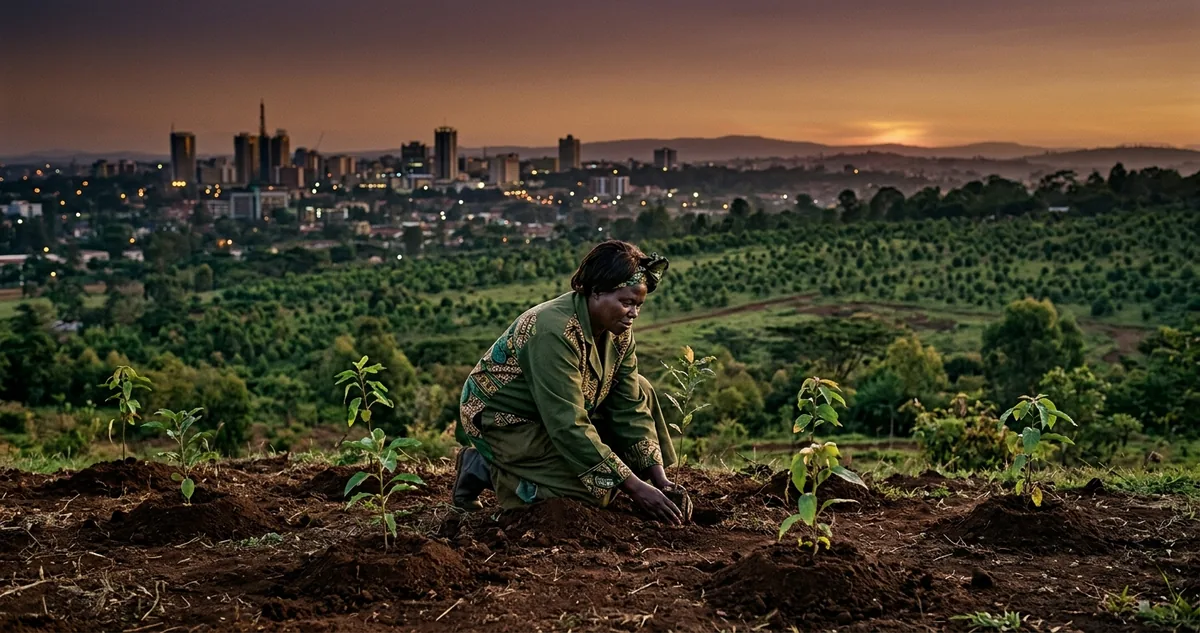 Grupo de mulheres plantando mudas de árvore em terra de aldeia no Quênia dos anos 1970.
