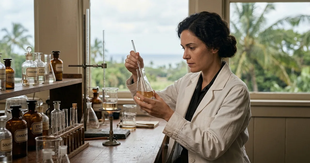 Jovem química num laboratório de Honolulu em 1915, destilando óleo de chaulmoogra em vidraria de bancada.