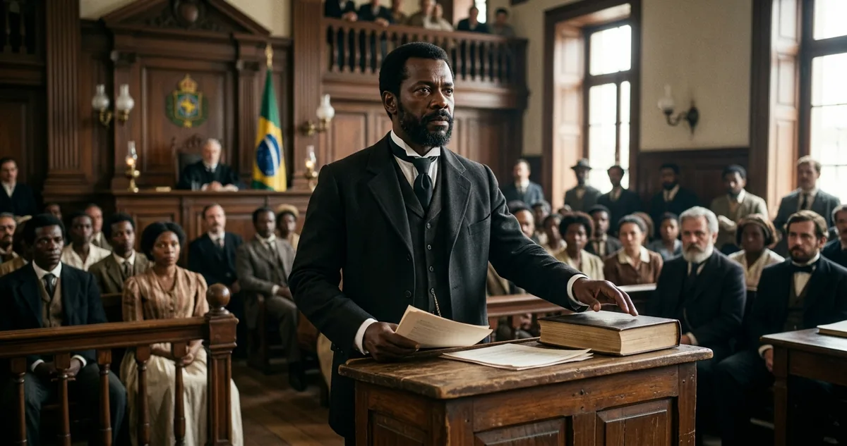 Rábula negro sustentando uma ação de liberdade diante do juiz num tribunal de São Paulo no século XIX.