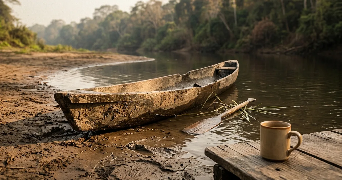 Canoa de casco escuro encalhada em pedra de corredeira, com caderno de campo, bússola e lampião sobre a mesa de madeira da margem.