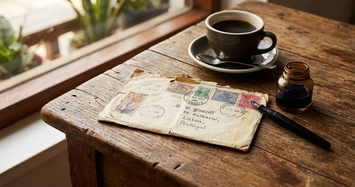 Folhas manuscritas, envelope e caneta-tinteiro sobre mesa de madeira, xícara de café ao lado, luz de janela.