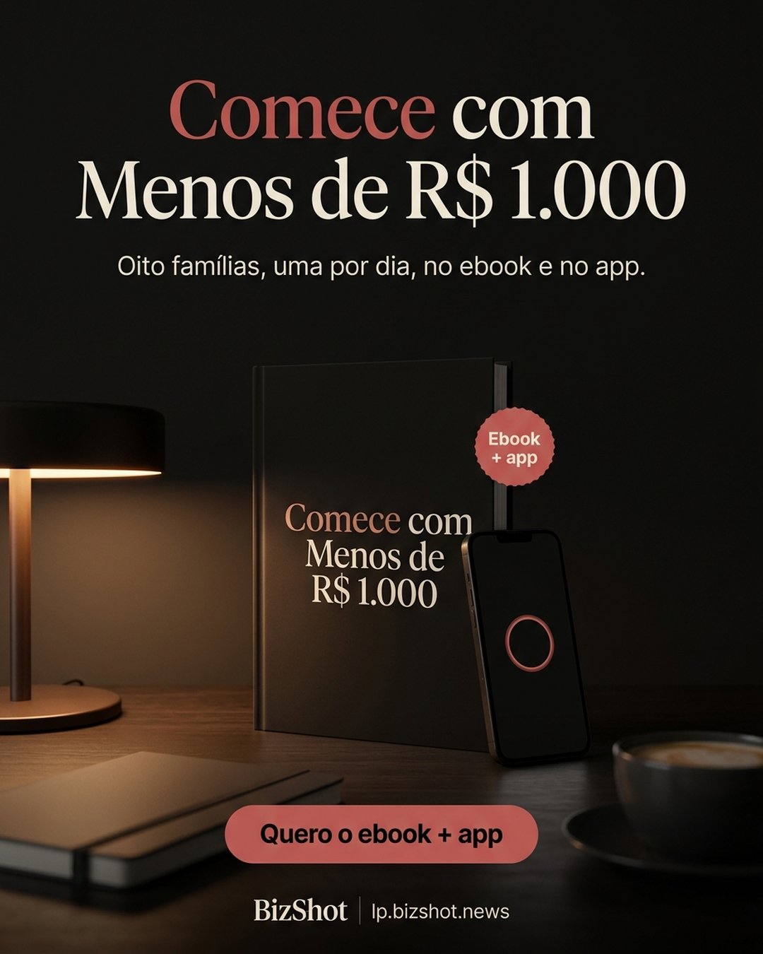 Comece com Menos de R$ 1.000. Oito famílias, uma por dia, no ebook e no app. Quero o ebook + app.