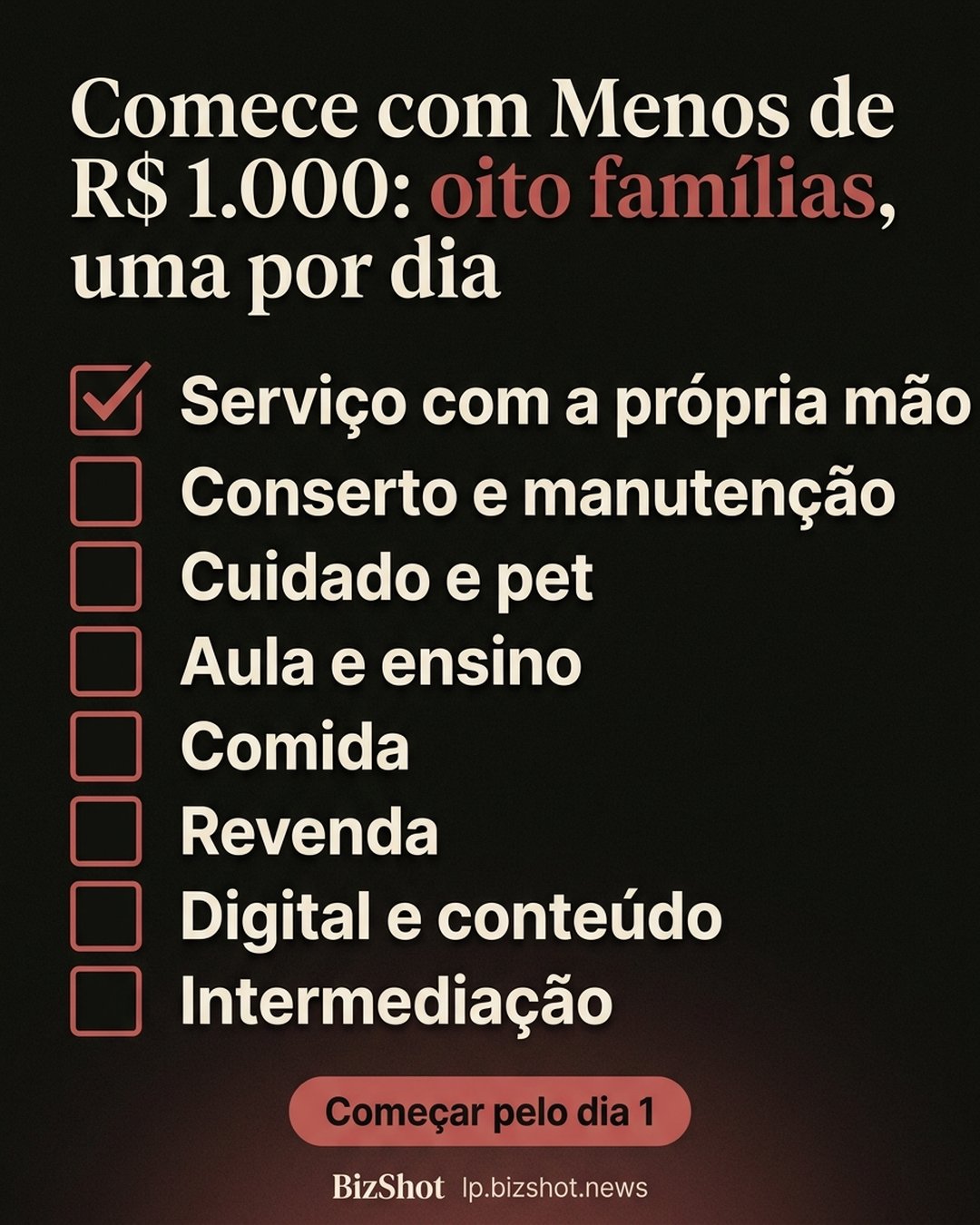 Comece com Menos de R$ 1.000: oito famílias, uma por dia: Serviço com a própria mão, Conserto e manutenção, Cuidado e pet, Aula e ensino, Comida, Revenda, Digital e conteúdo, Intermediação. Começar pelo dia 1.