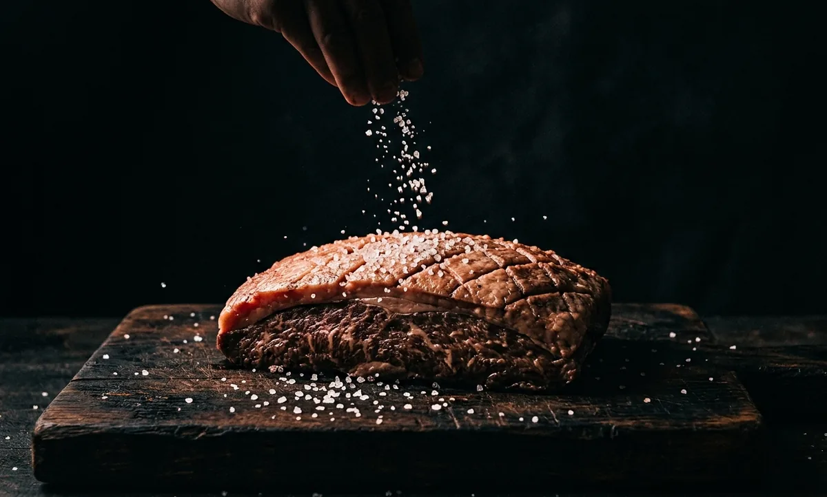 Sal grosso sendo salpicado sobre a capa de gordura de uma picanha em fogo dramático