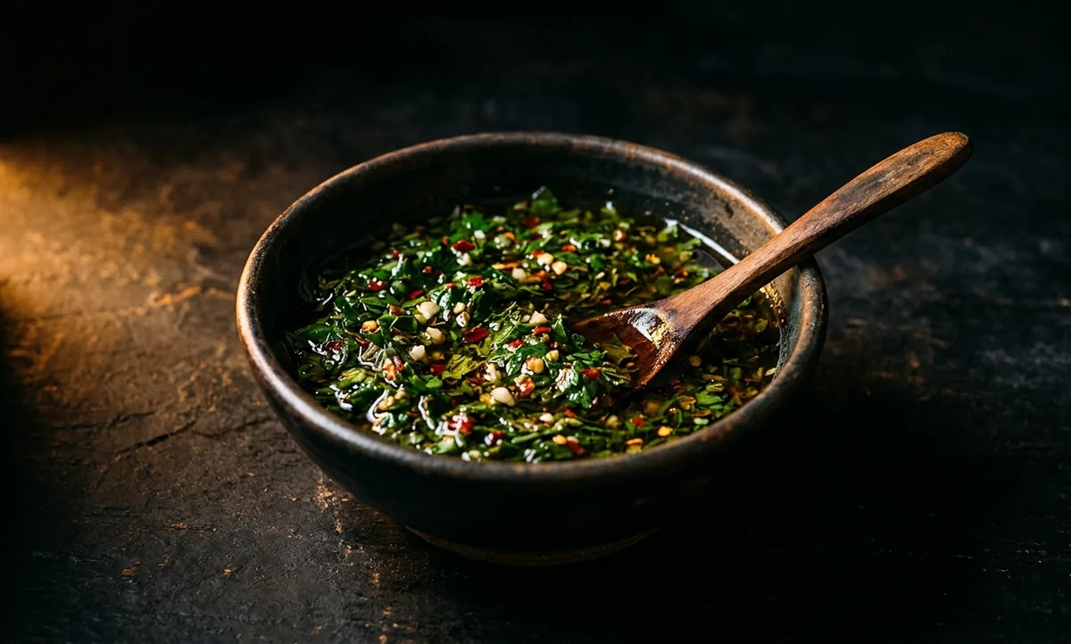Tigela de chimichurri argentino com salsa, orégano e alho no azeite