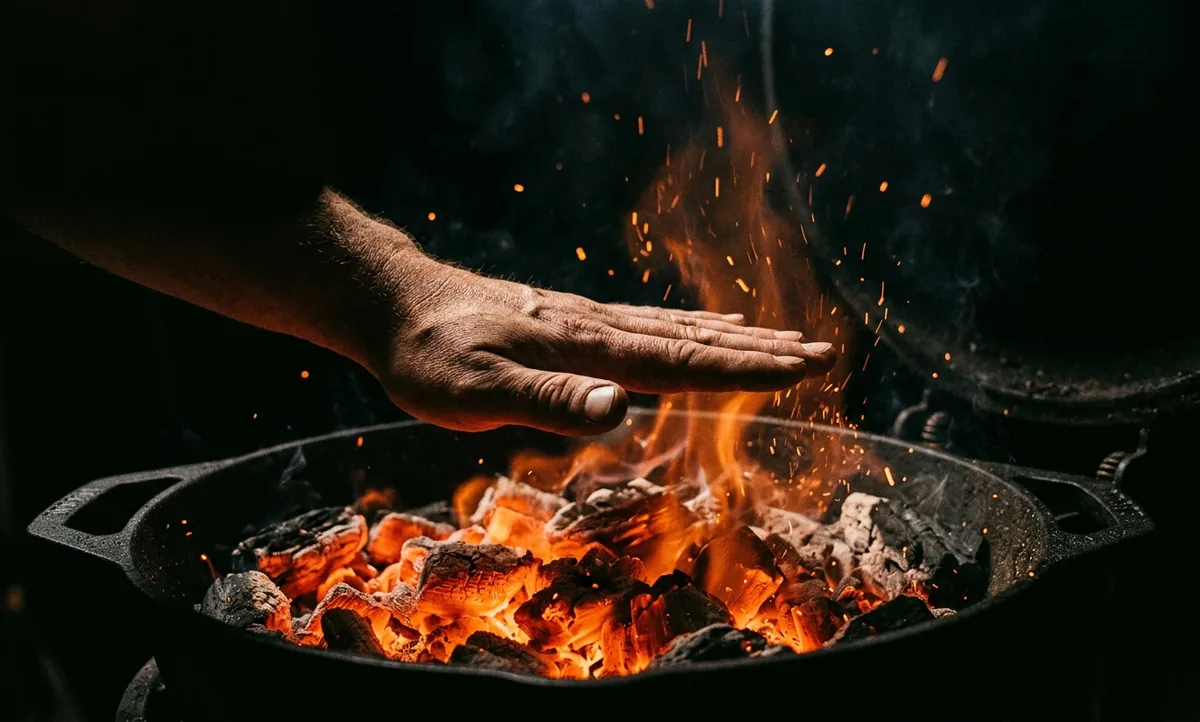Mão aberta a um palmo da brasa incandescente medindo o calor do fogo