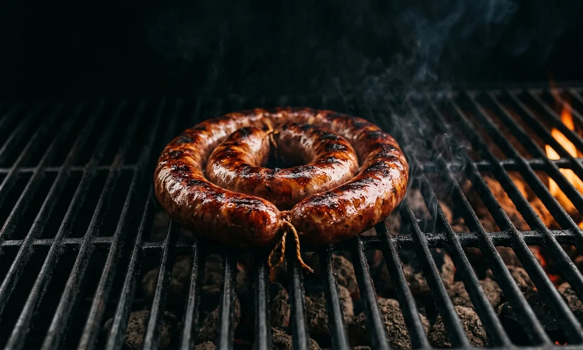 Linguiça inteira dourando na grelha em calor indireto, tripa esticada e sem rachar