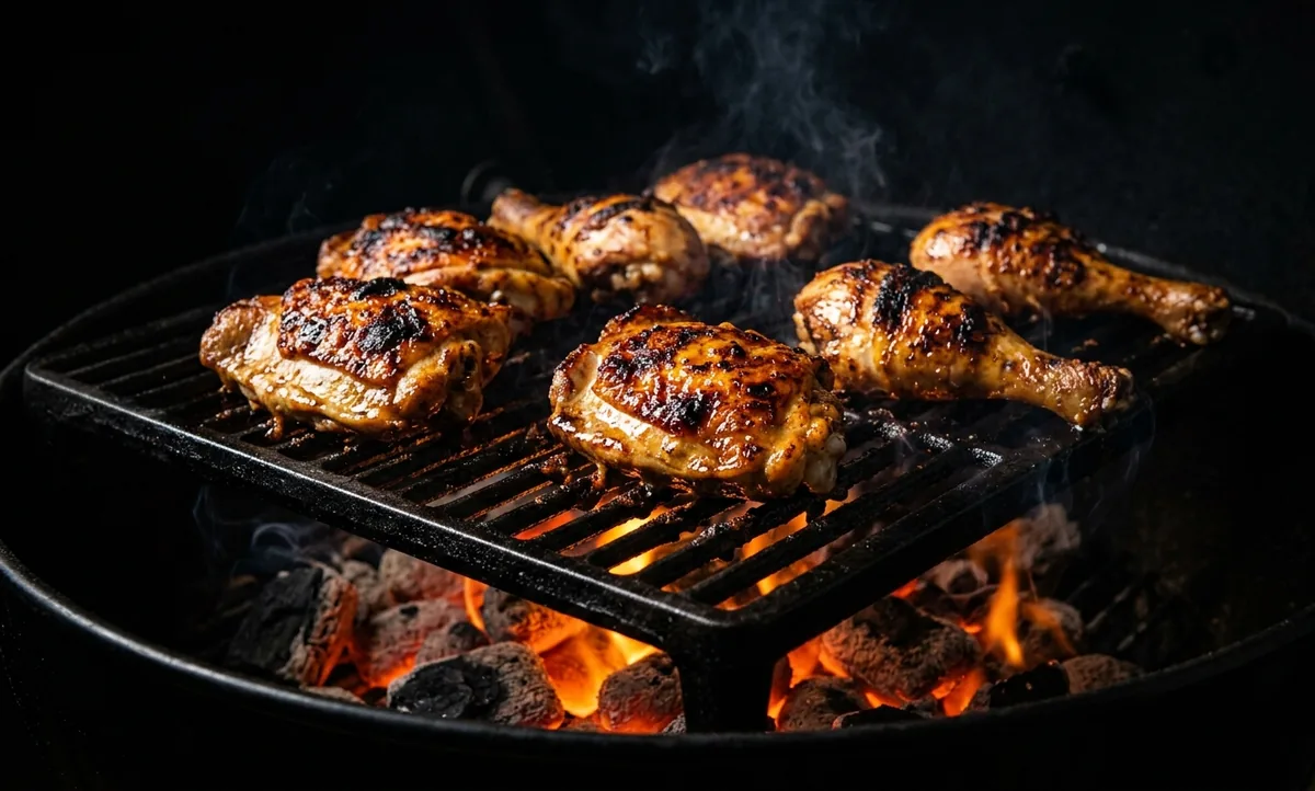 Coxa e sobrecoxa de frango na grelha com pele dourada e crocante