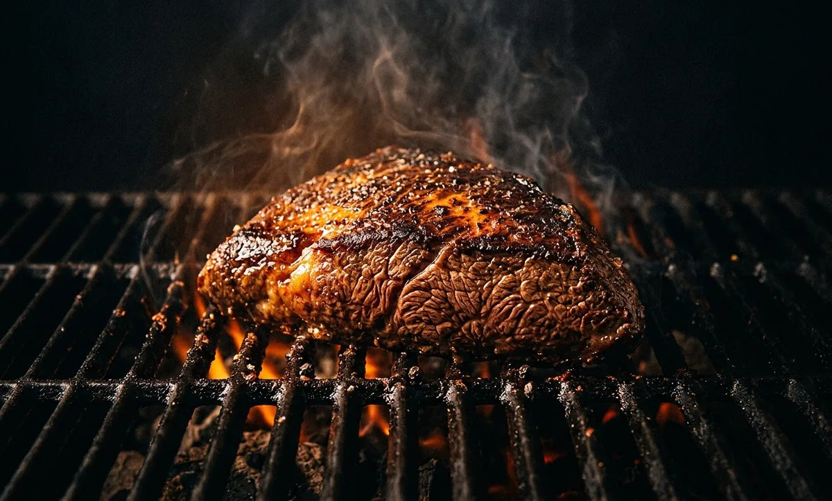 Maminha inteira selando na grelha com a crosta formando e as fibras da carne à mostra