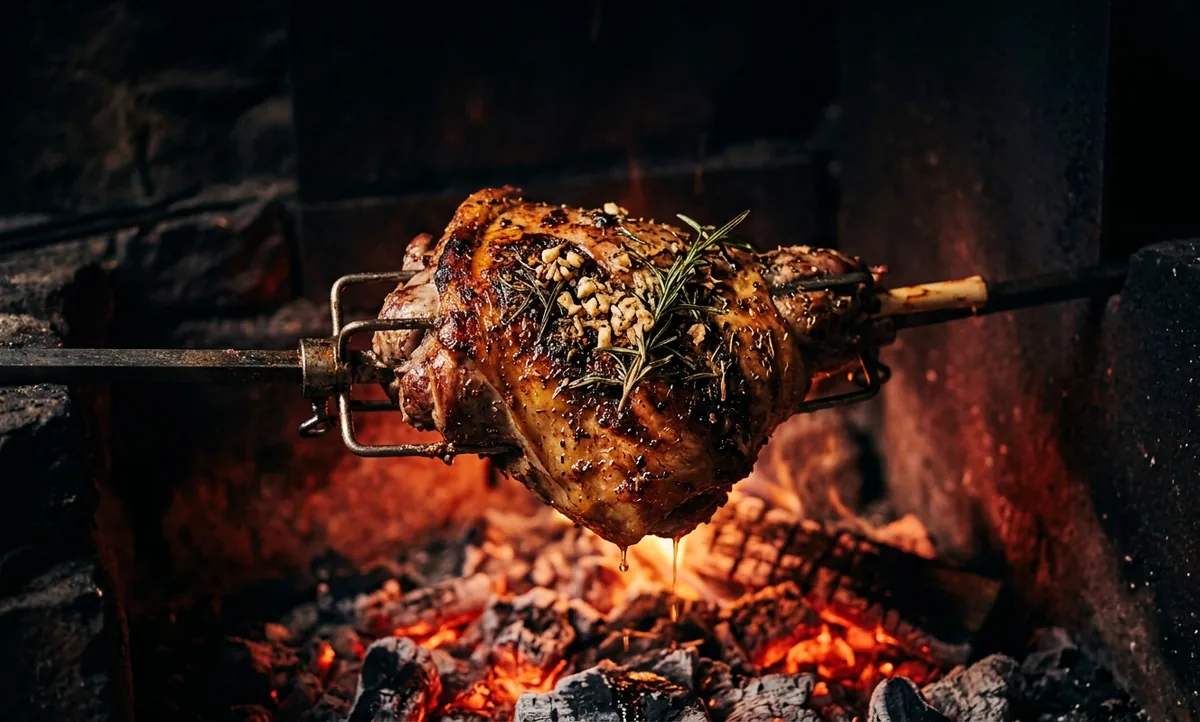Pernil de cordeiro girando no espeto sobre a brasa, com alecrim e alho na crosta dourada