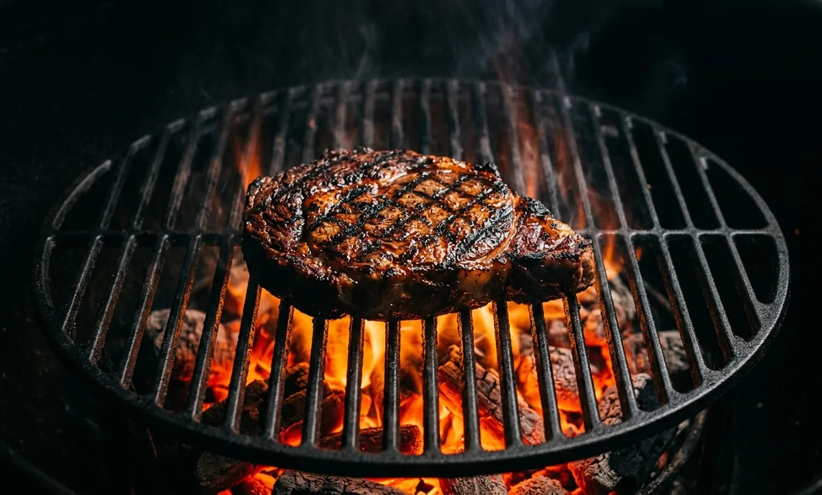 Grelha de ferro fundido quente sobre brasas com a carne marcando crosta nas barras