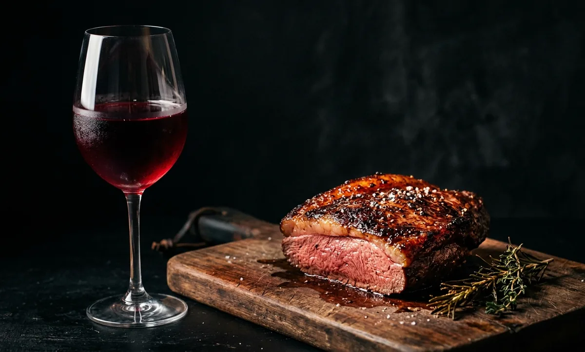 Taça de Malbec rubi escuro ao lado de uma picanha gorda em tábua de madeira, gota de condensação na taça
