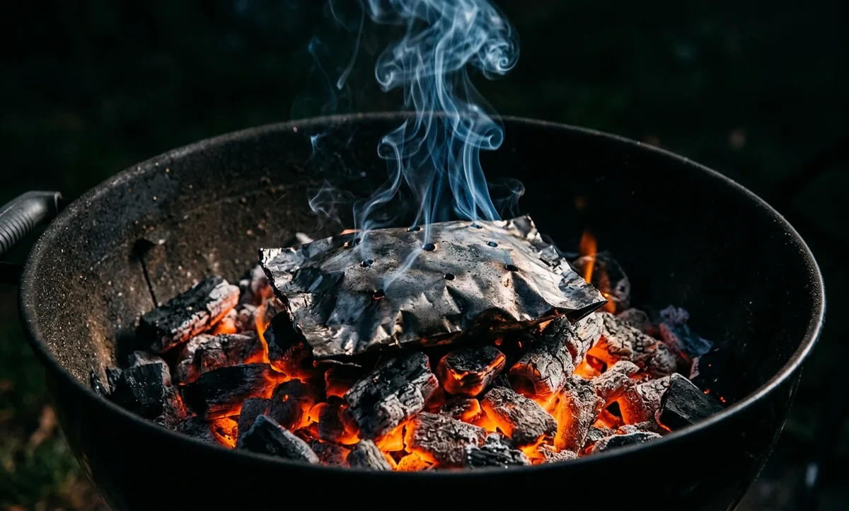 Pacote de alumínio furado com lascas de macieira soltando fumaça fina e azulada sobre a brasa acesa numa churrasqueira comum, fios de fumaça subindo pelos furos