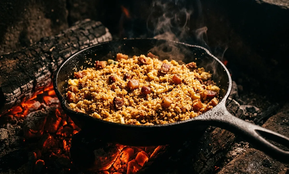 Frigideira de ferro sobre a brasa com farofa de ovo dourada e solta, pedaços de bacon tostado e fios de ovo, luz lateral dramática