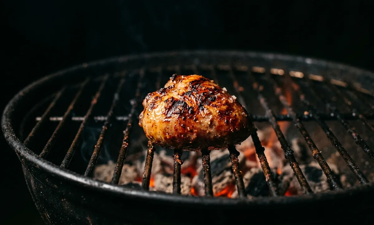 Espeto de coração de frango dourado sobre brasa acesa, com grãos de sal grosso e fumaça leve subindo