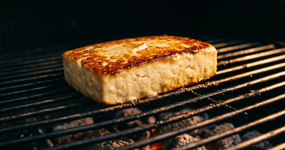 Espeto de queijo coalho dourado com crosta crocante e miolo firme, fumaça leve subindo sobre a brasa