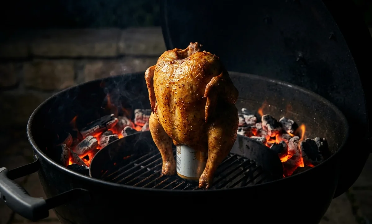 Frango inteiro em pé sobre uma lata dentro da churrasqueira, pele dourada e crocante, brasas acesas em volta