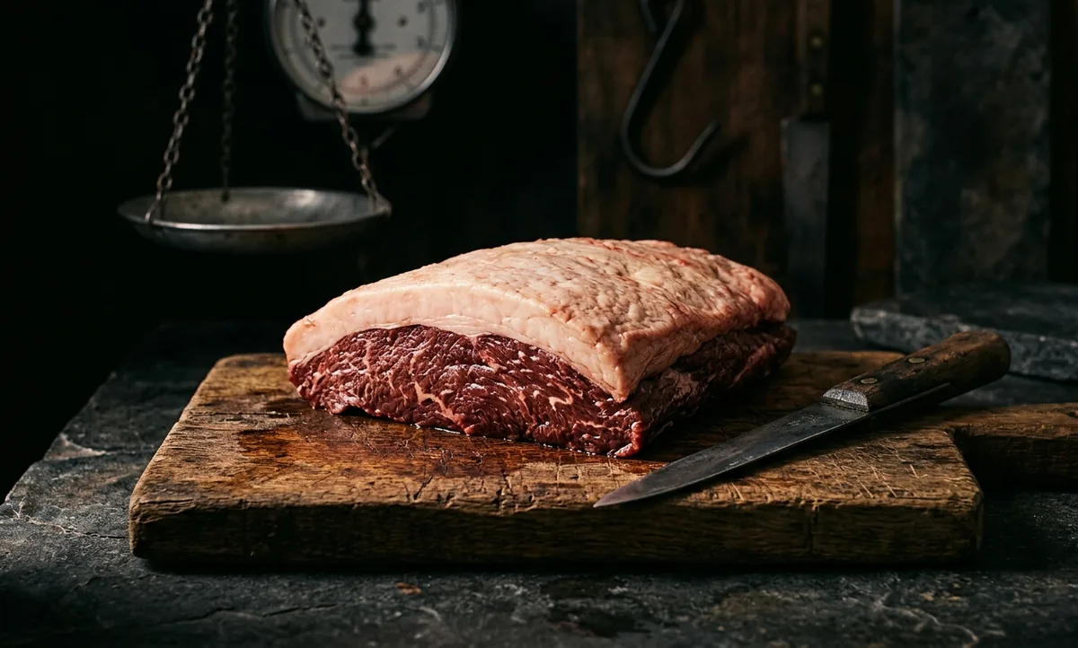 Peça inteira de picanha crua sobre tábua de açougue, capa de gordura uniforme e faca marcando a linha de corte