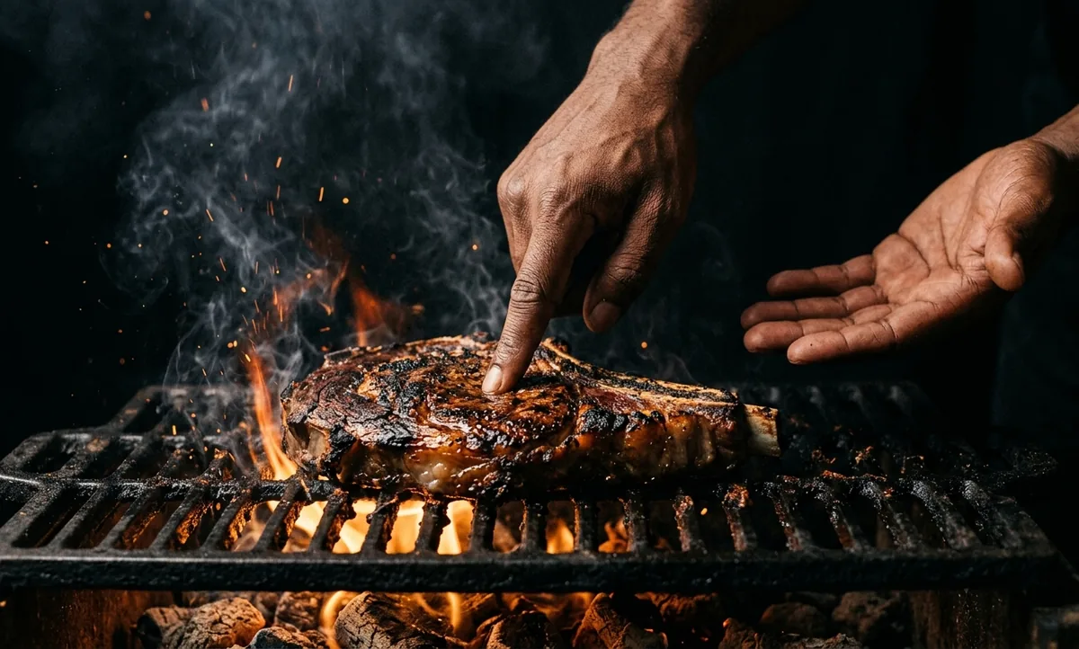 Bife grosso na grelha de ferro com um dedo pressionando o centro da carne para testar o ponto, mão aberta ao fundo para comparação