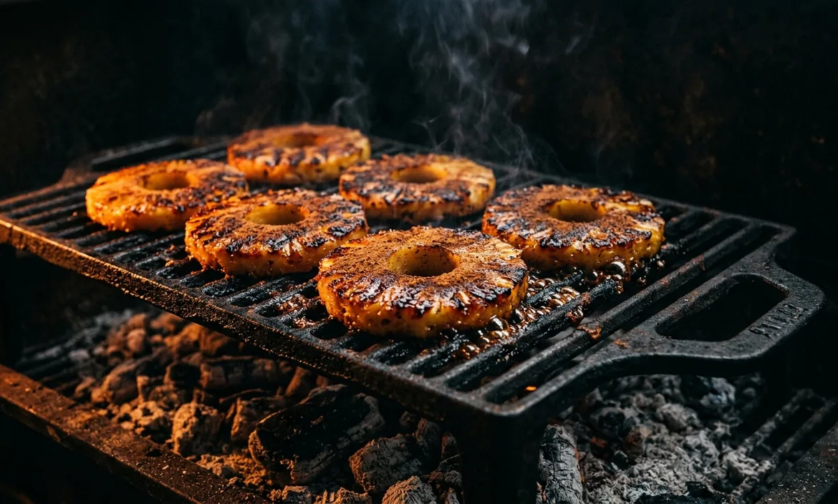 Rodelas grossas de abacaxi com crosta de açúcar caramelizado na grelha sobre brasas no fim da força