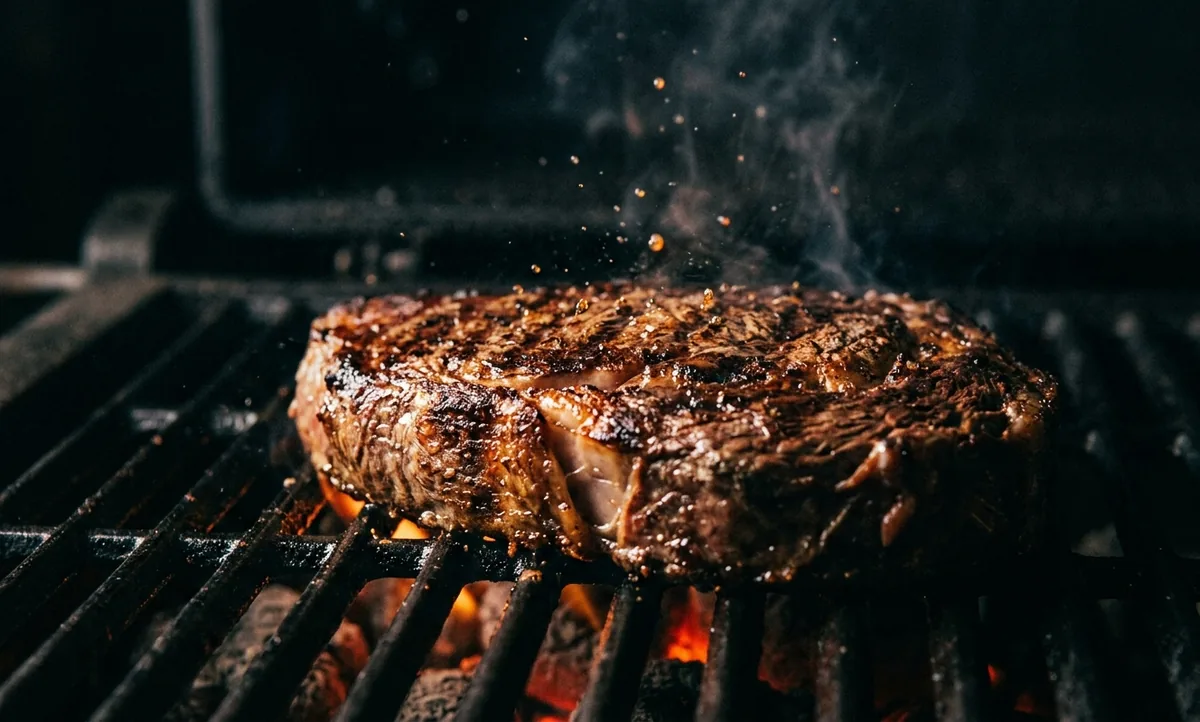 Bife selando na grelha quente com gotas de gordura estalando sobre a crosta que se forma