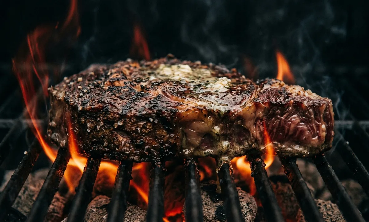 Bife ancho grosso de três dedos selando em brasa alta, crosta escura se formando com sal grosso e manteiga de alho brilhando