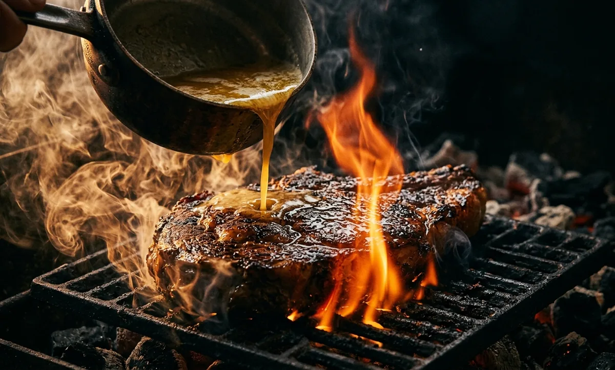 Manteiga derretida sendo despejada sobre um corte de carne na brasa nos minutos finais, crosta brilhante refletindo o fogo