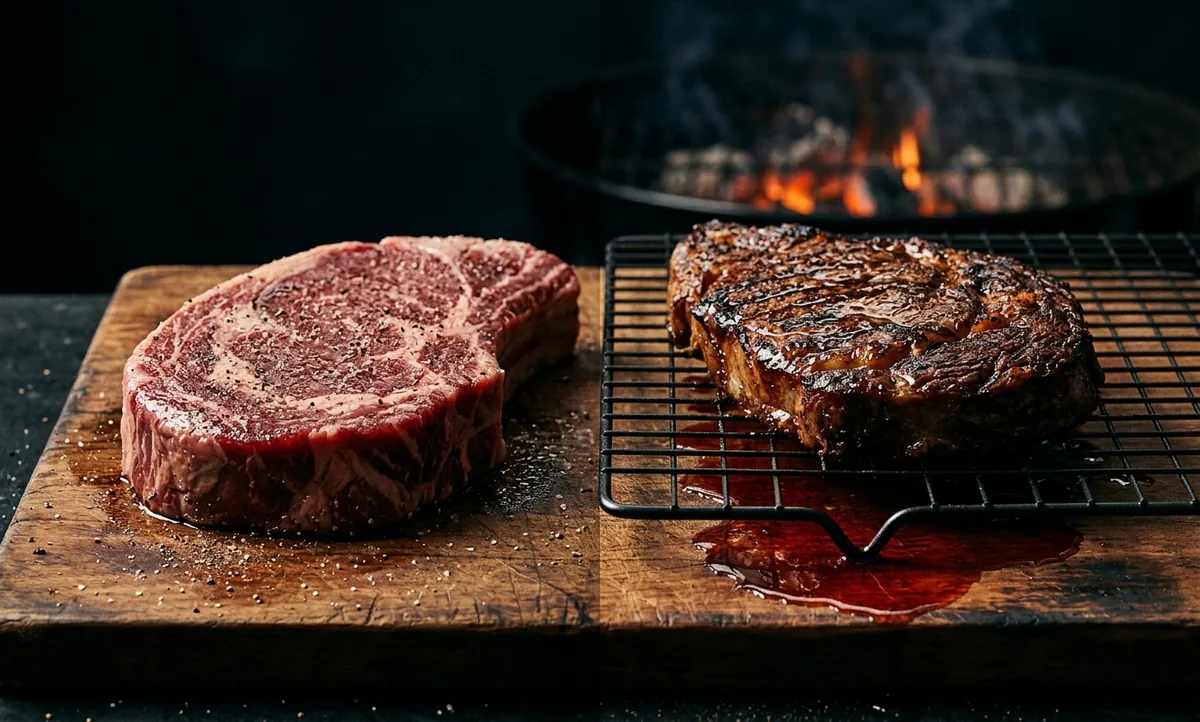 Corte de carne descansando na tábua antes da grelha e a mesma peça descansando de novo sobre uma grade depois de grelhada