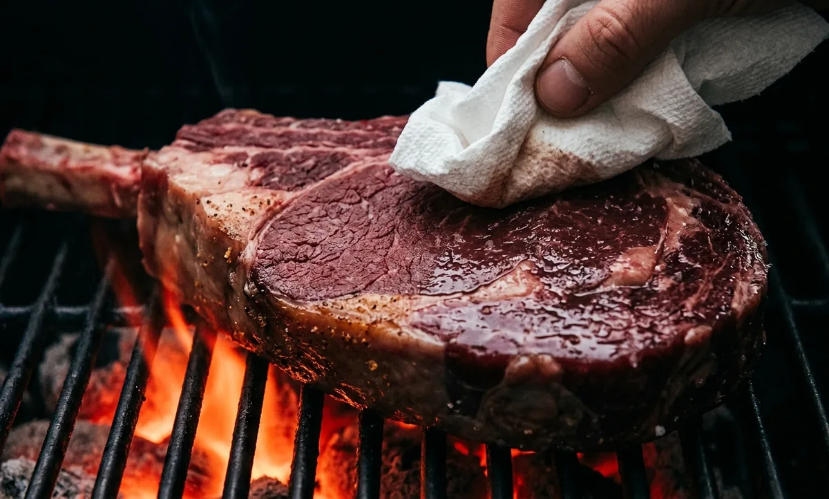 Superfície de um corte de carne sendo seca com papel antes de encostar na grade quente, um lado seco e fosco, o outro úmido e brilhante