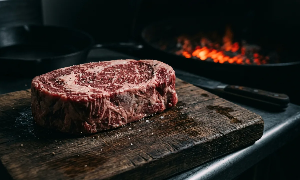 Peça grossa de carne descansando na bancada perdendo o gelo da geladeira antes de ir pra brasa, superfície fosca e ambiente escuro