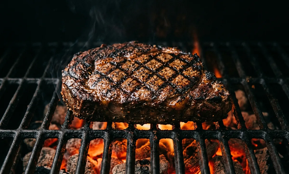 Bife grosso na grelha quente com o quadriculado do xadrez marcado a fogo na crosta, brasas ao fundo e ambiente escuro