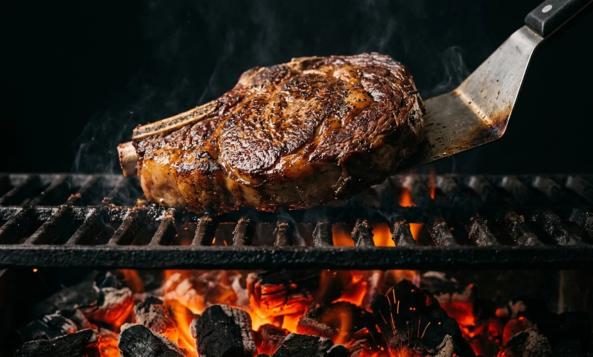 Bife grosso levantando limpo da grelha quente com a crosta dourada firme e a espátula deslizando por baixo, brasas ao fundo e ambiente escuro