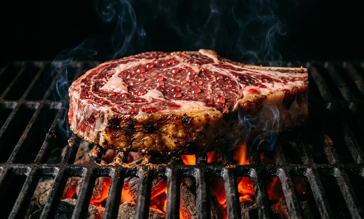 Bife grosso na grelha quente com pequenas gotas de suco vermelho brotando na face ainda crua de cima, a crosta dourada firme se formando embaixo, brasas ao fundo e ambiente escuro
