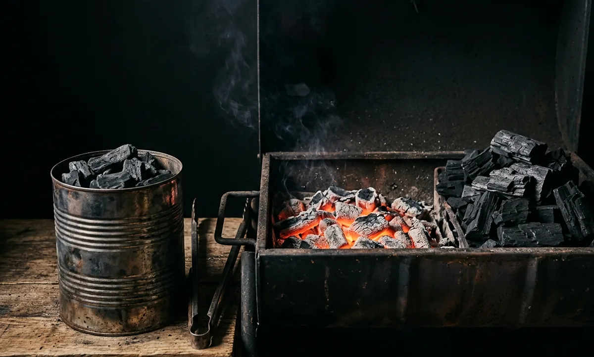 Lata de metal cheia de carvão ao lado da churrasqueira, com uma camada rasa e larga de brasas acesas de um lado da grelha e uma cama compacta e funda de carvão empilhado do outro, em ambiente escuro
